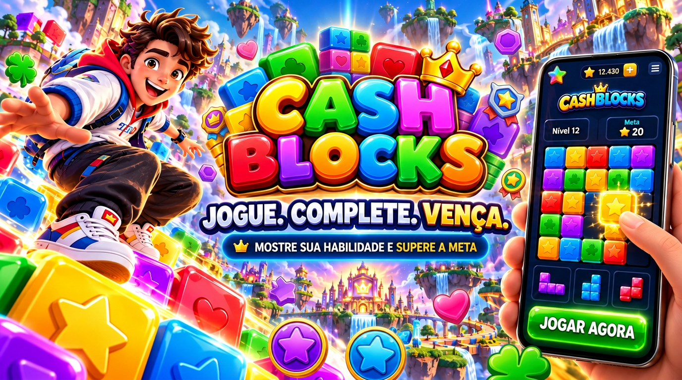 Banner do CashBlocks com personagem e tela do puzzle